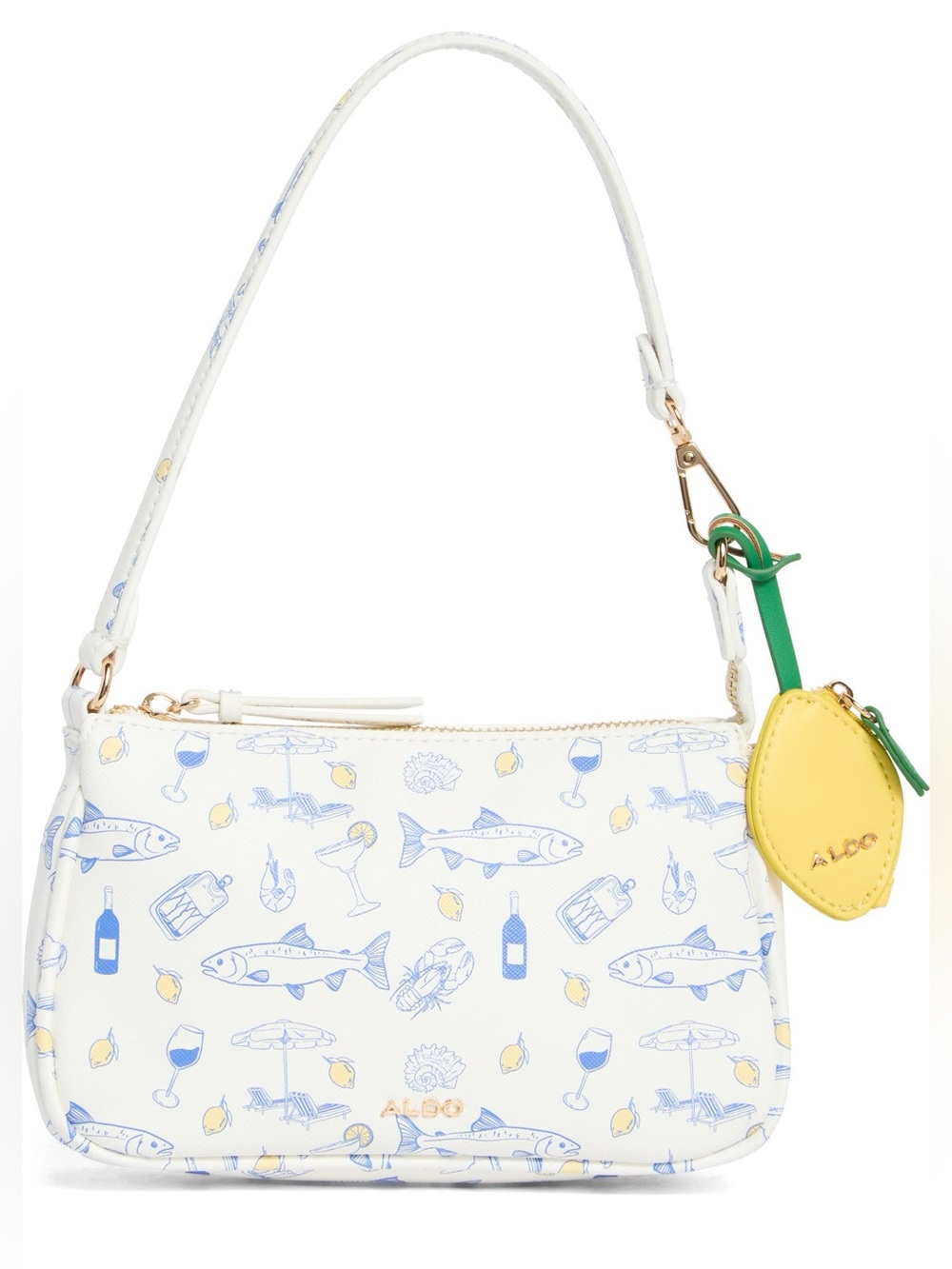Aldo White Shoulder Bag Sardines Sea Animal Theme with Lemon Zippered Bag Charm
